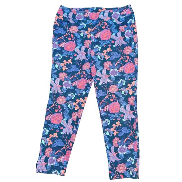 Soft Surroundings Womens Pants Pull On Ankle Zip Stretch Floral Print Navy Sz L - Picture 1 of 8